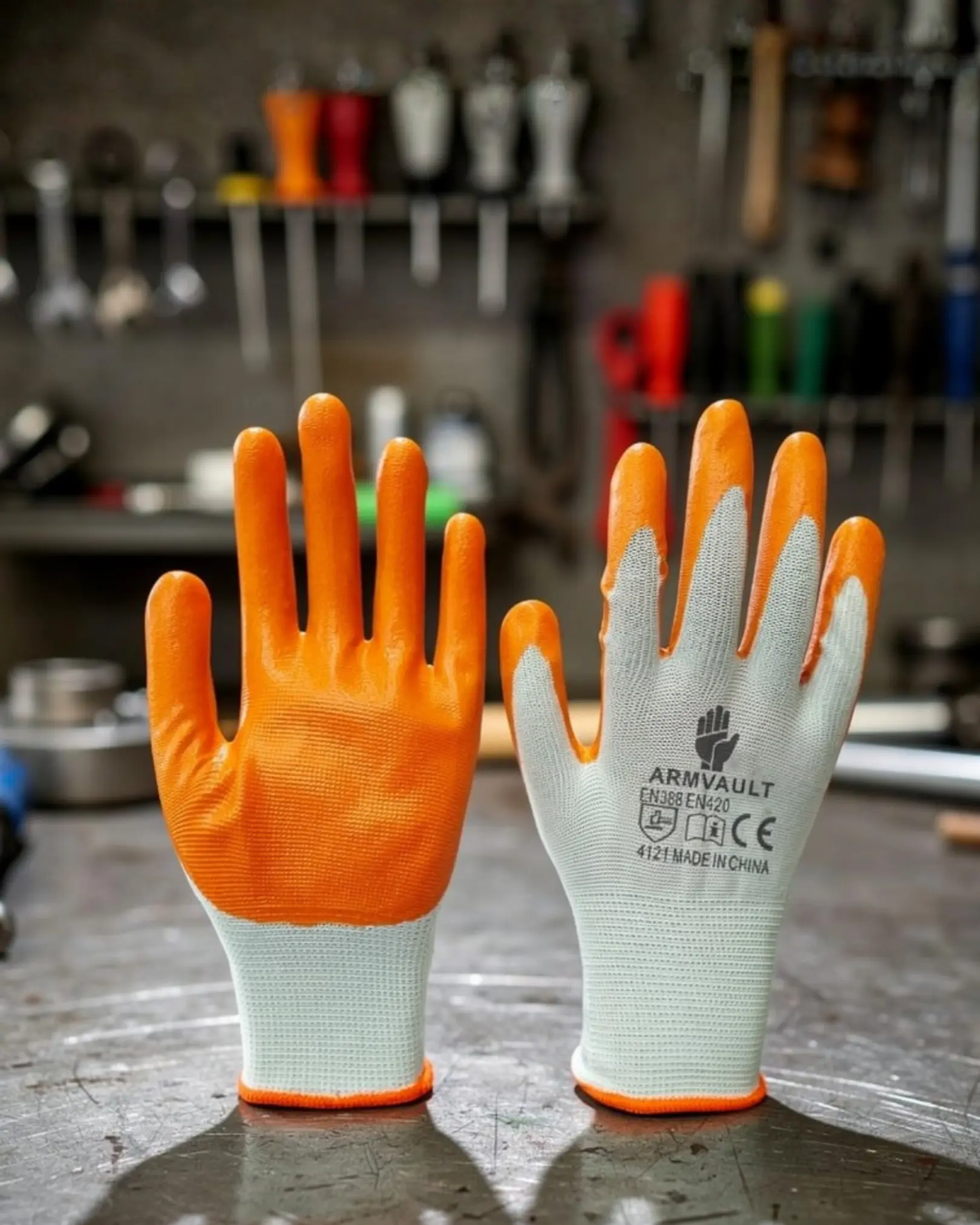 White polyester orange nitrile coated golves